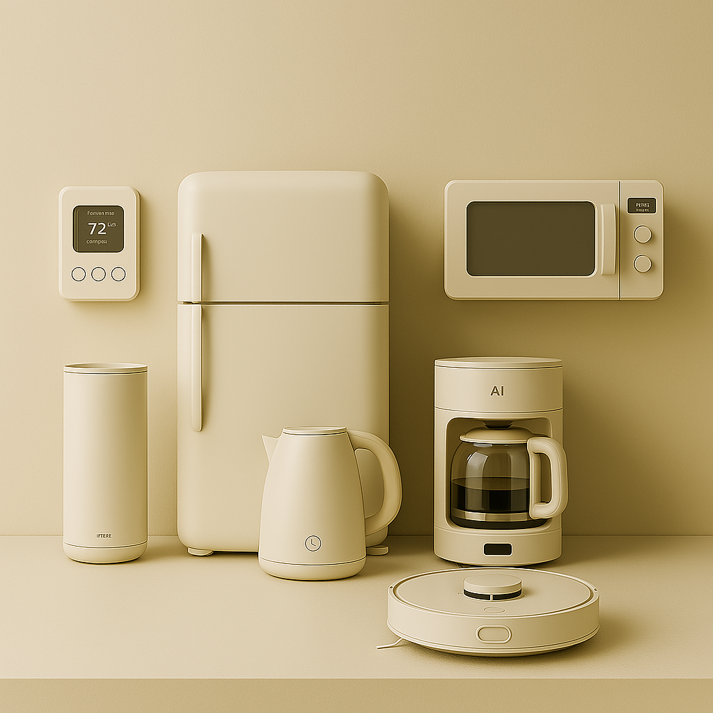 Minimalist smart kitchen and home appliances including AI coffee maker, smart kettle, robot vacuum, and digital microwave for modern home automation
