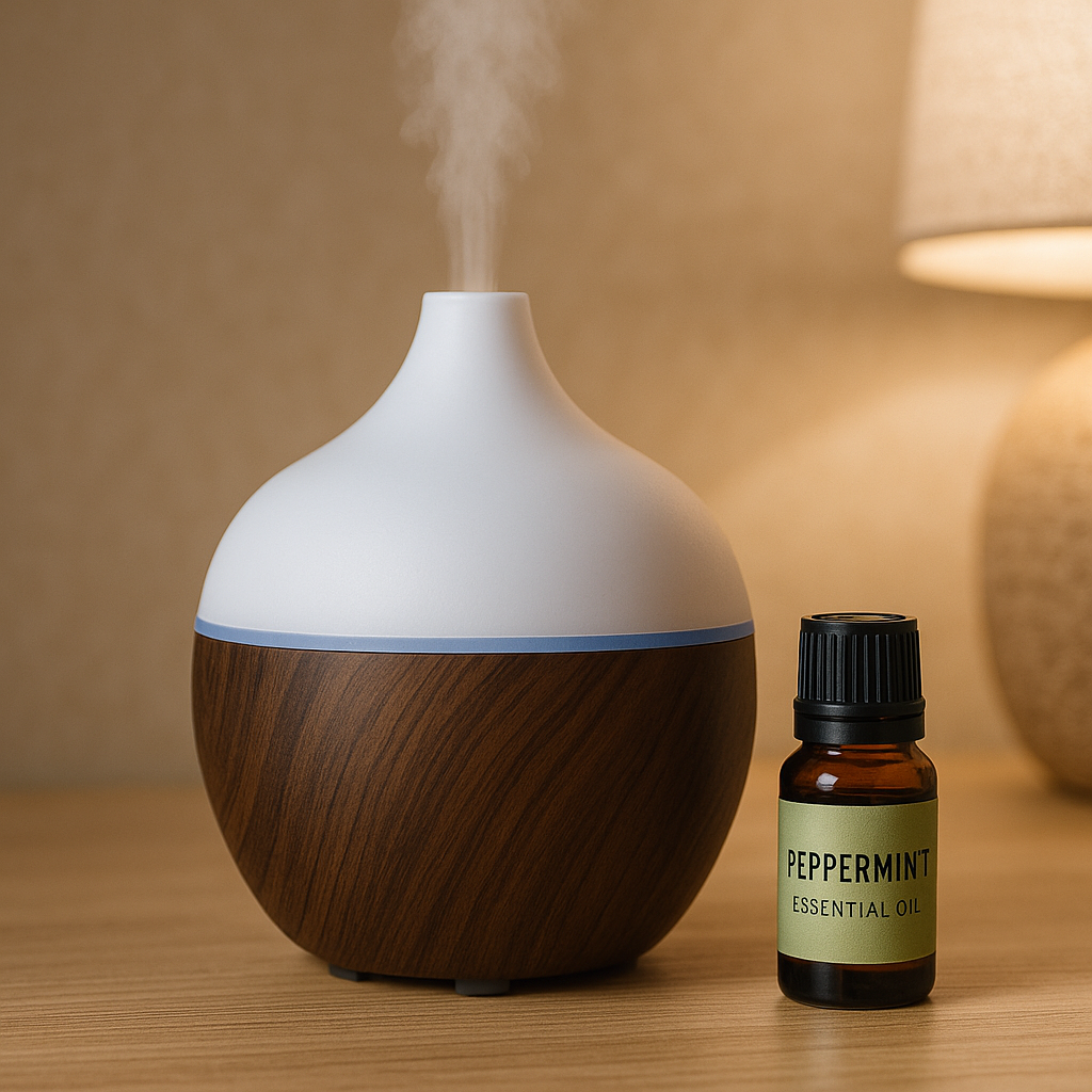 Peppermint essential oil bottle with wood grain diffuser releasing mist, showing aromatherapy benefits for focus and energy