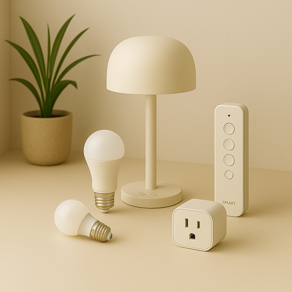 Smart lighting products including voice-controlled LED bulbs, motion-sensor lights, smart switches, and ambient LED strips in a modern minimalist home interior