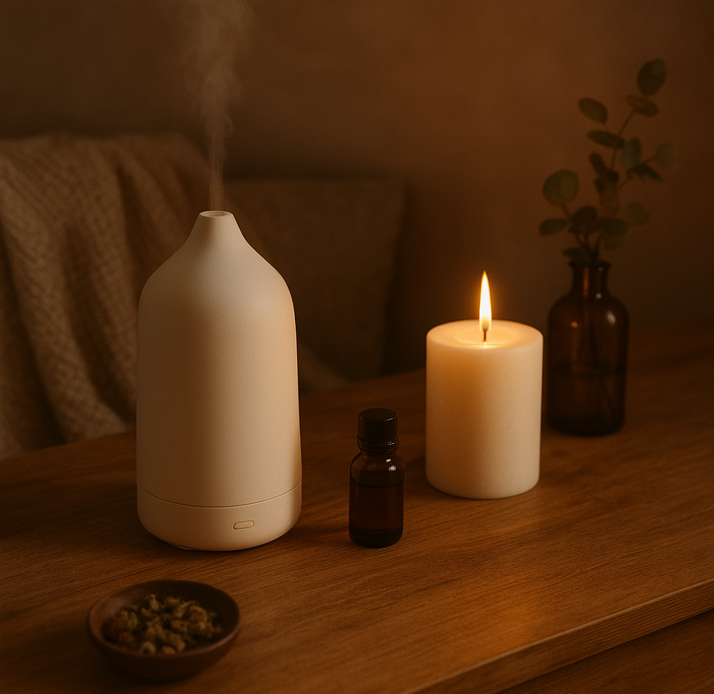 Cozy winter scene with essential oil bottles, aroma diffuser mist, candles, and pine branches on a wooden table.