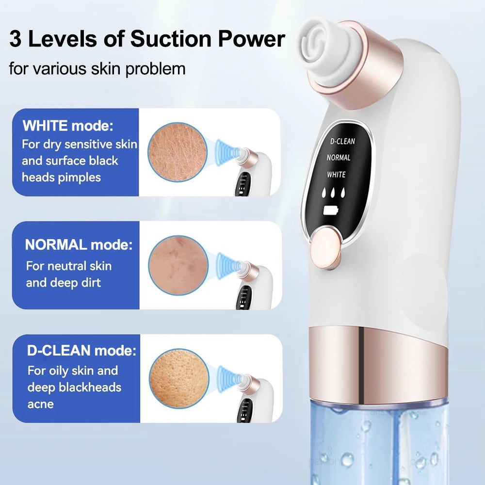 Skincare device with suction power modes for different skin types on a light blue background