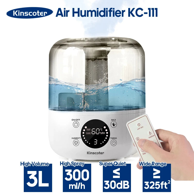 KINSCOTER Air Humidifier Wall Plug 220V 110V Electric Humidifier Large Mist Volume 3L Aroma Diffuser Remote Control Timer - SmartBlip