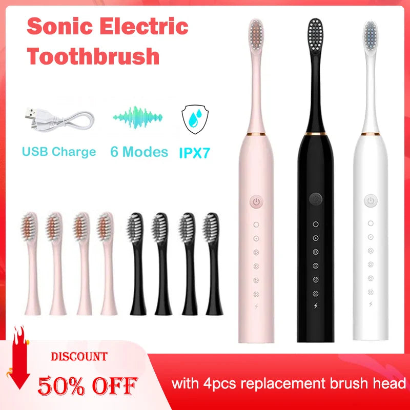 Electric Toothbrush Smart Timing Tooth Brush USB Rechargeable Teeth Clean Whitening Sonic Toothbrush With Replacement Head - SmartBlip