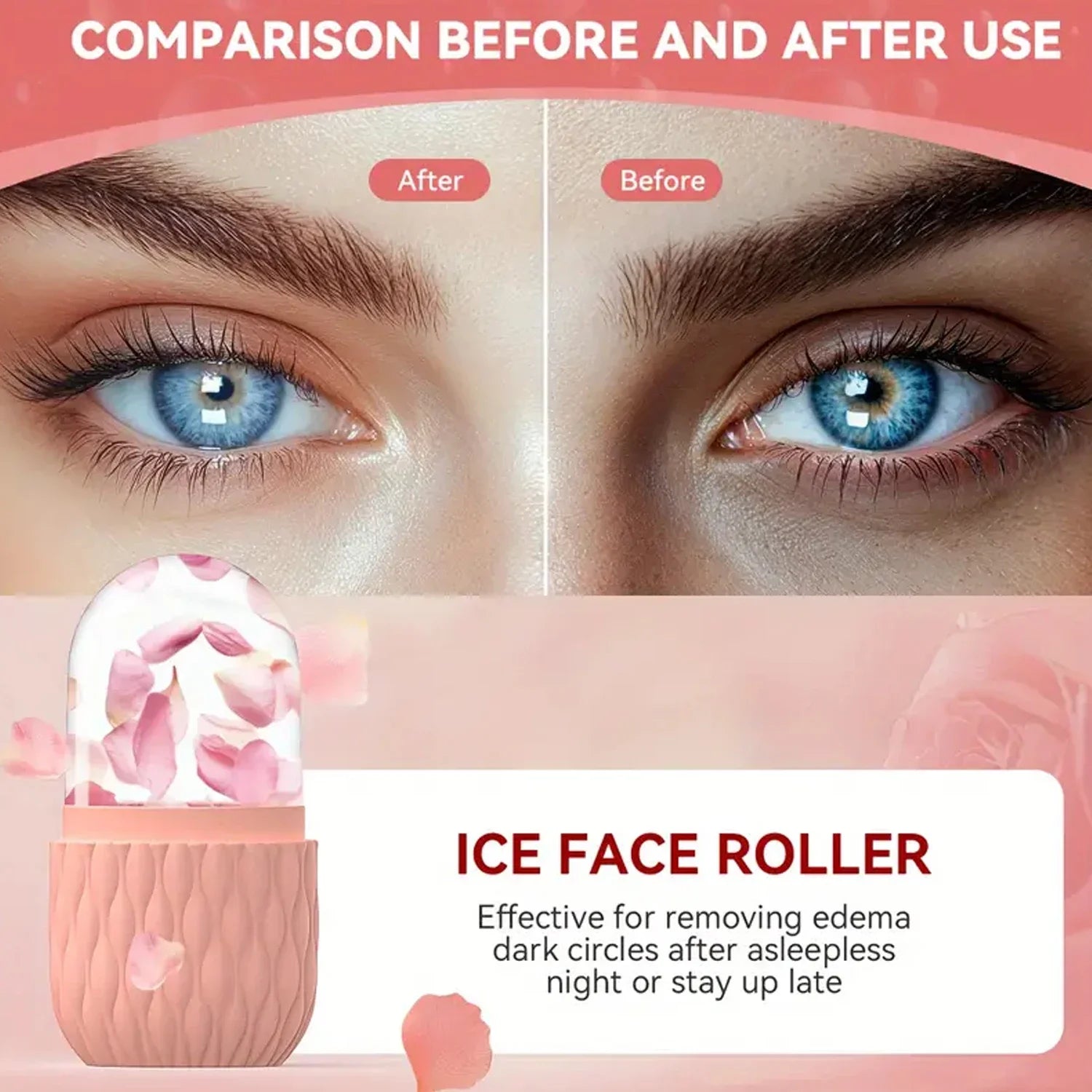 Comparison of eyes before and after use an ice face roller, with product packaging shown.