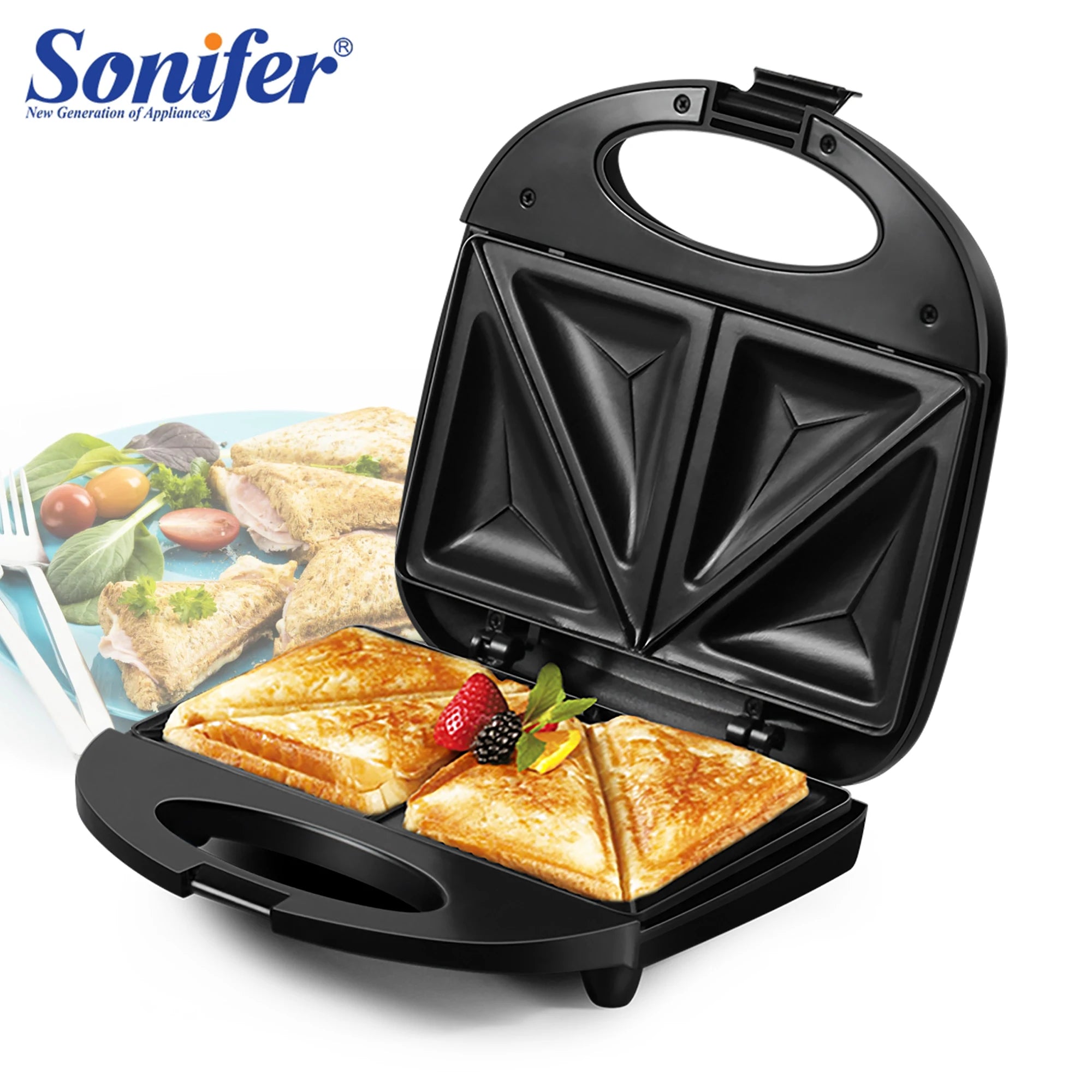 Electric Triangle Sandwich Maker Panini 750W Cooking Kitchen Appliances Breakfast Waffles Machine Non-stick Iron Pan Sonifer - SmartBlip