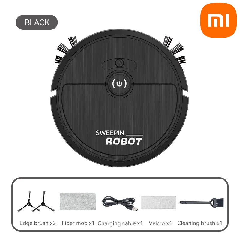 Black Xiaomi Electric Sweeper with accessories: edge brush, fiber mop, charging cable, velcro, and cleaning brush included.