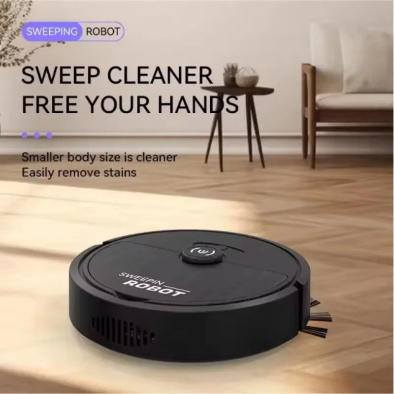 Black Xiaomi Electric Sweeper cleaning a modern room hands-free, with a smaller body size to easily remove stains on wood floors.