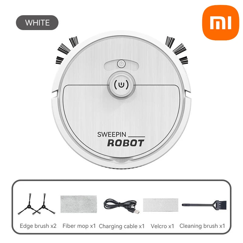 White Xiaomi Electric Sweeper with accessories: edge brush, fiber mop, charging cable, velcro, and cleaning brush included.