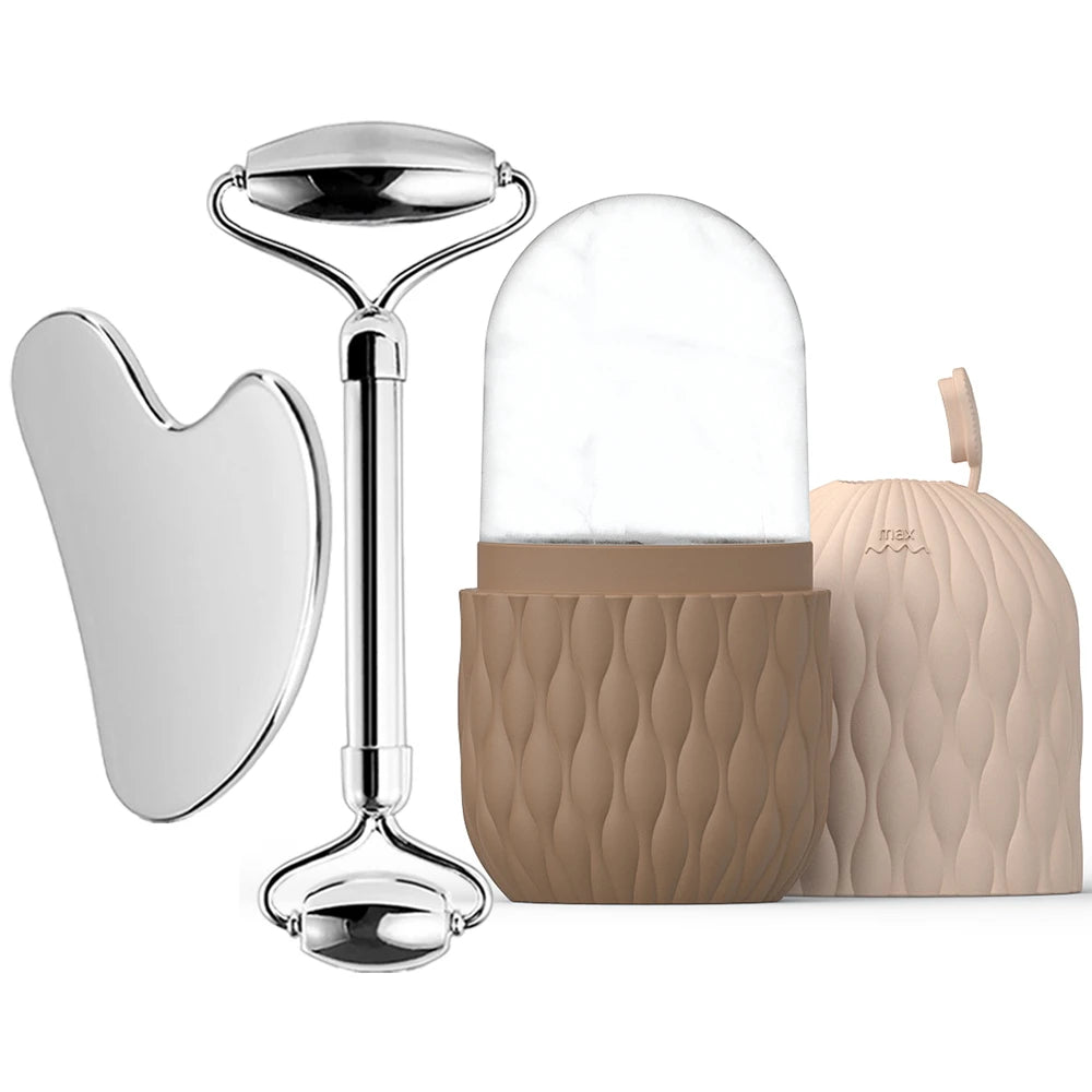 Beauty tool set with roller, gua sha tool, and beige container on a white background