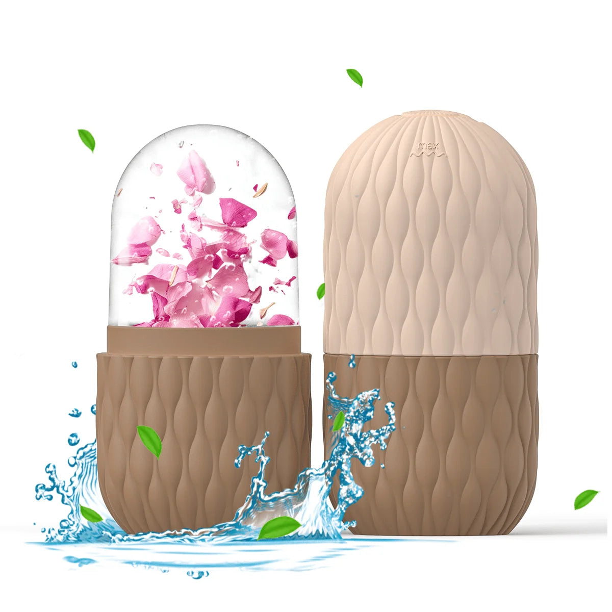 Two-tone brown and beige bottle with floral design on a white background