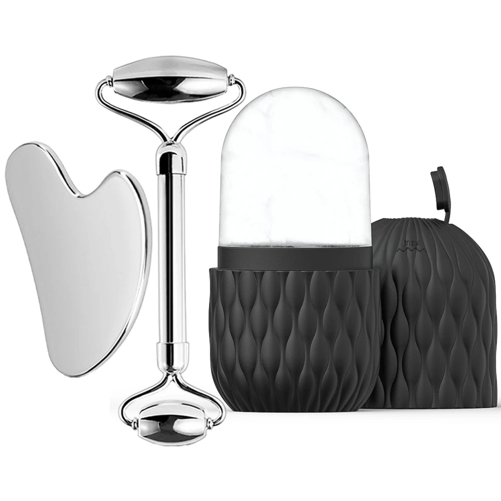 Facial roller with two attachments and a black carrying case on a white background