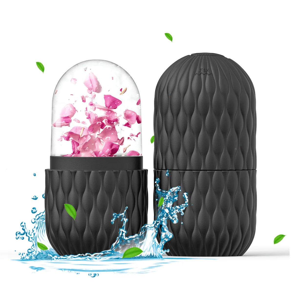 Black textured container with a clear lid showing pink floral petals, surrounded by water splashes and green leaves on a white background.