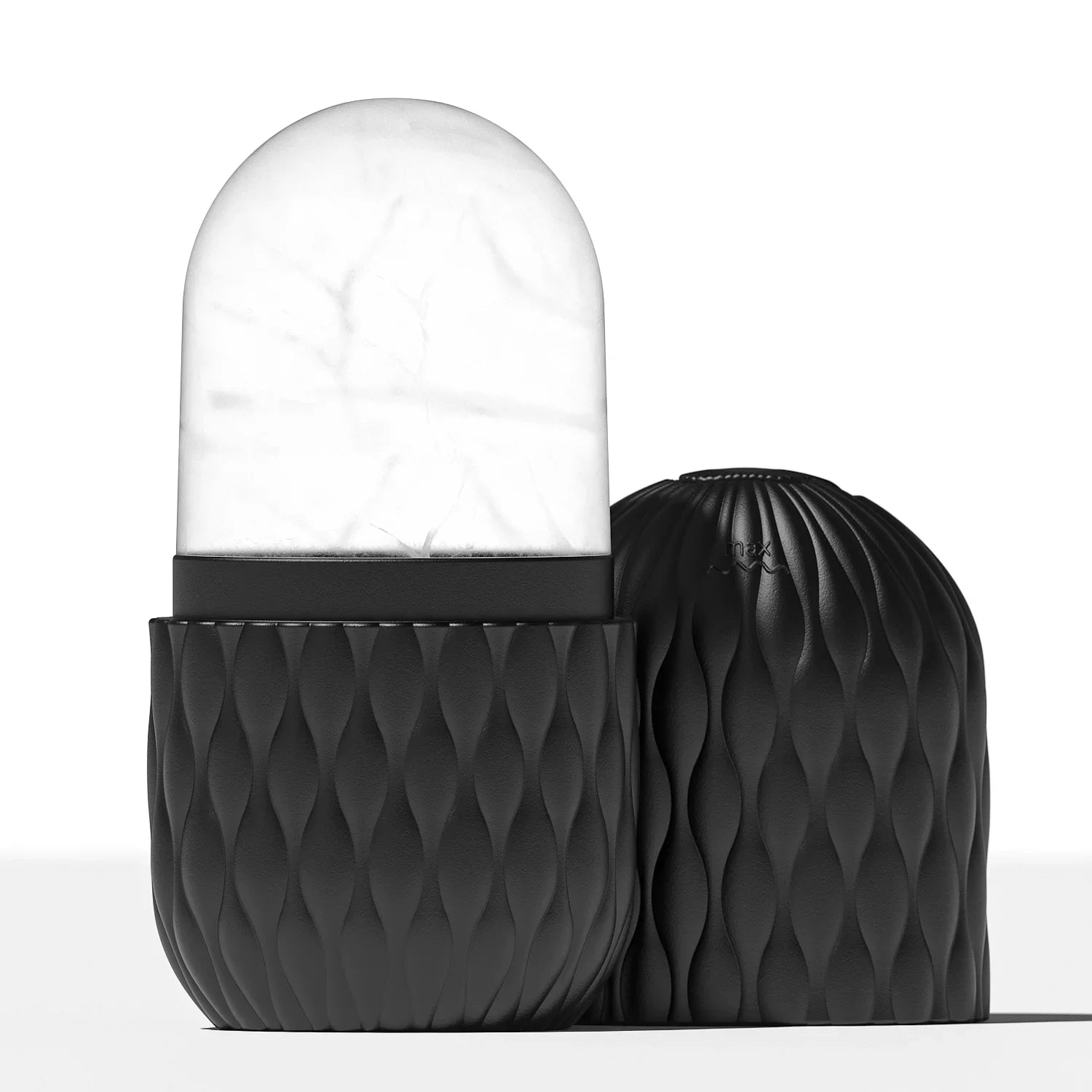 Black quilted case with a white cylindrical object inside on a white background