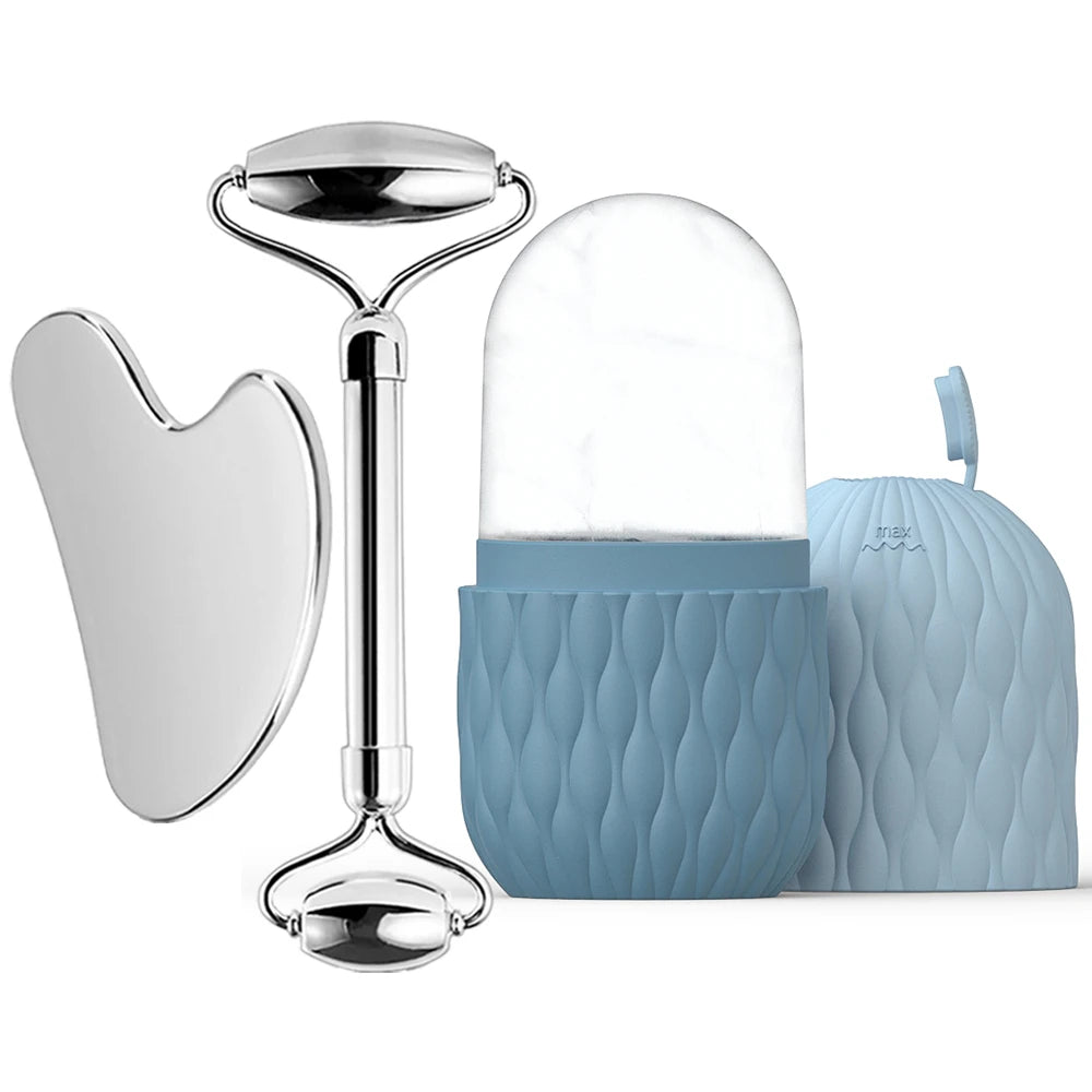 Beauty tool set with roller, gua sha tool, and blue case on a white background