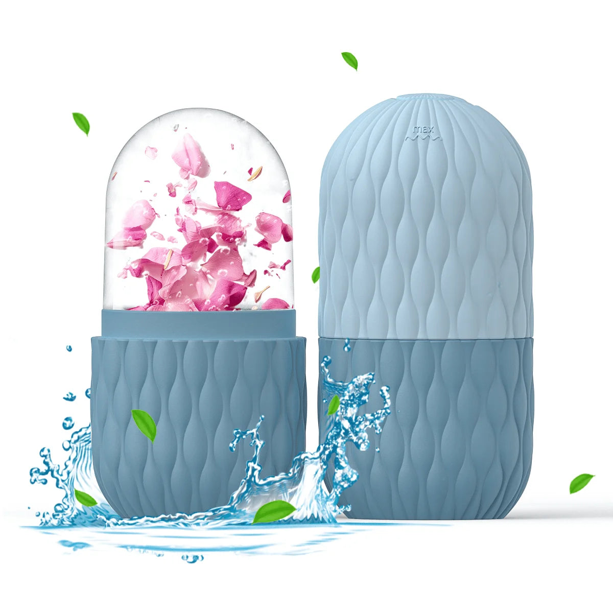 Blue and clear container with pink floral design on a white background