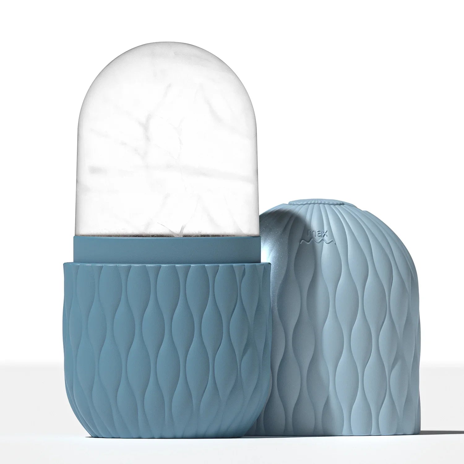 Blue textured case with a white dome-shaped object on a white background