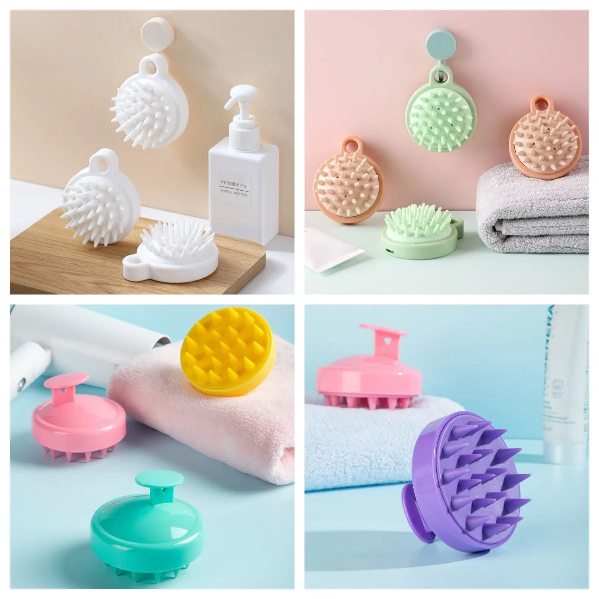 Collage of various bath scrubbers in different colors on a bathroom setting.