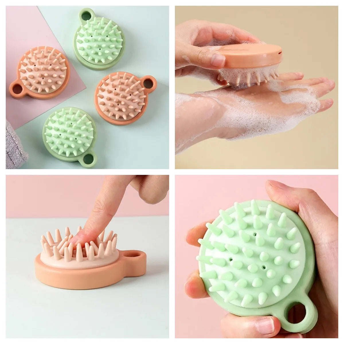 Collage of a scrubber being used on hands with soap and water, and close-up shots of the scrubber.