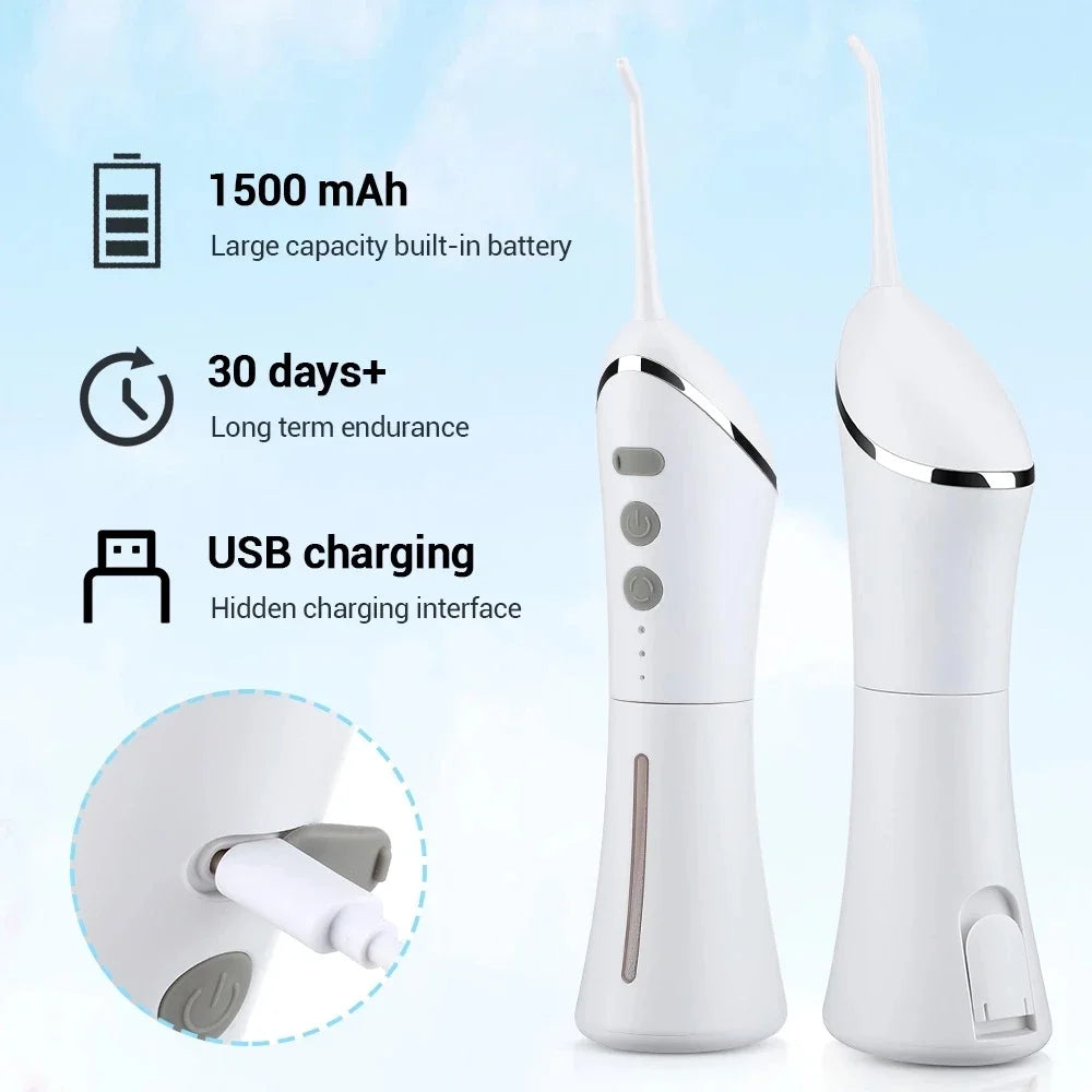 White dental water flosser with charging interface on a light blue background