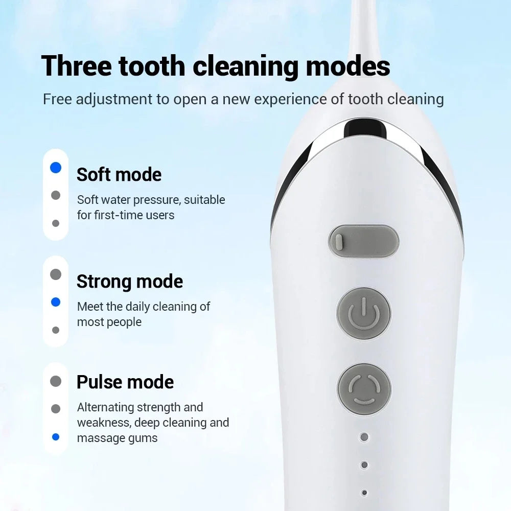 White dental cleaning device with text on modes and features against a light blue background