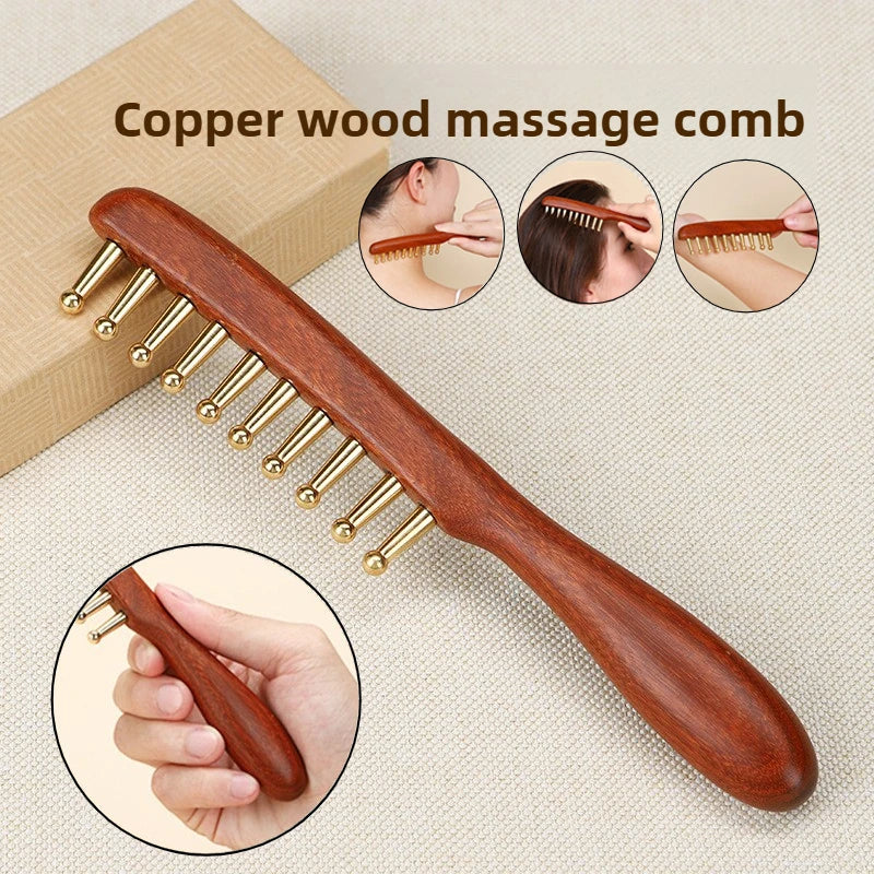 Copper wood massage comb with packaging on a beige background