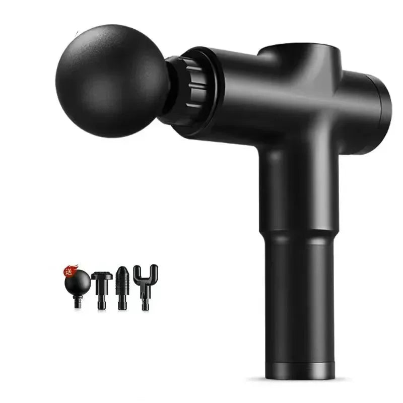  Black Deep Tissue Massage Gun with four interchangeable heads (round, flat, bullet, fork) for targeted muscle relief on a white background.