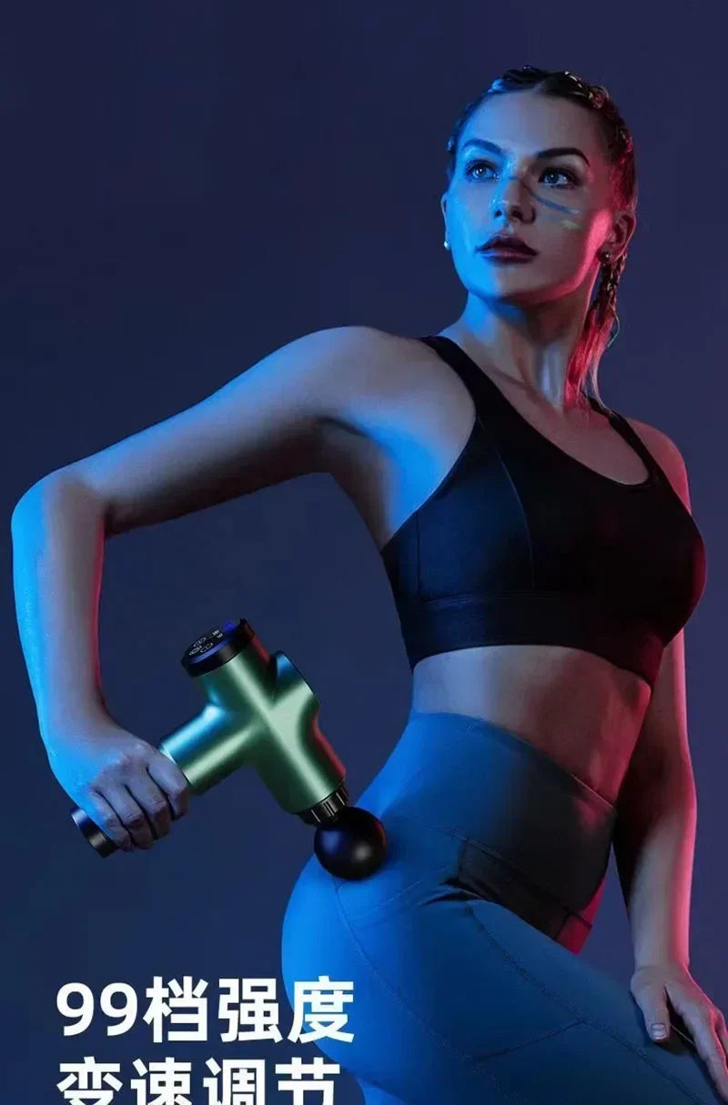  Green Deep Tissue Massage Gun being used on the hip area, highlighting its 9-level strength and lightweight design for muscle relief.