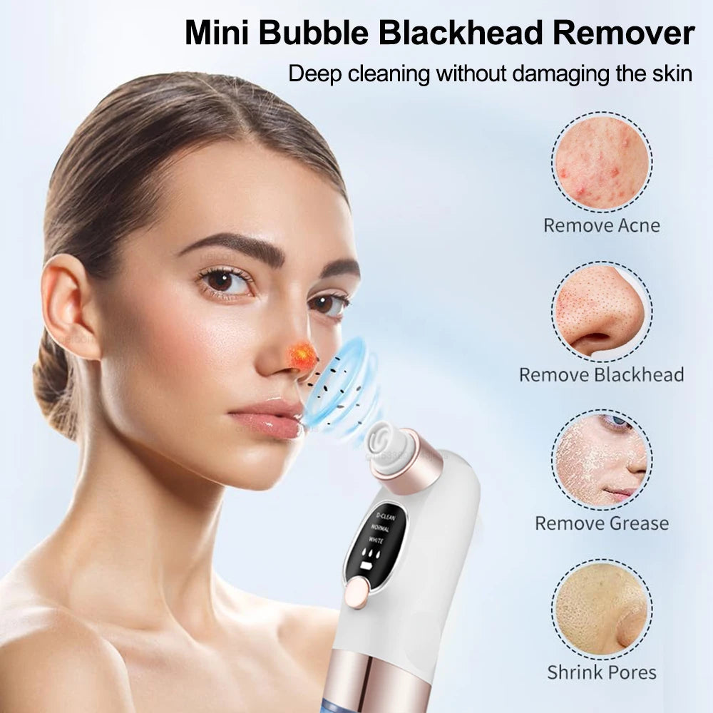 Mini bubble blackhead remover with a woman using it and icons showing its benefits.