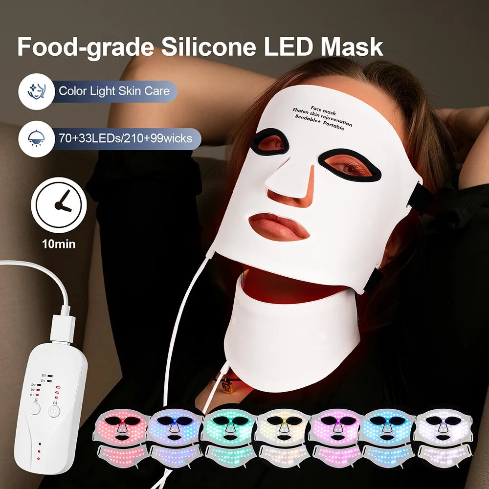 Person wearing a food-grade silicone LED mask with color options displayed below.
