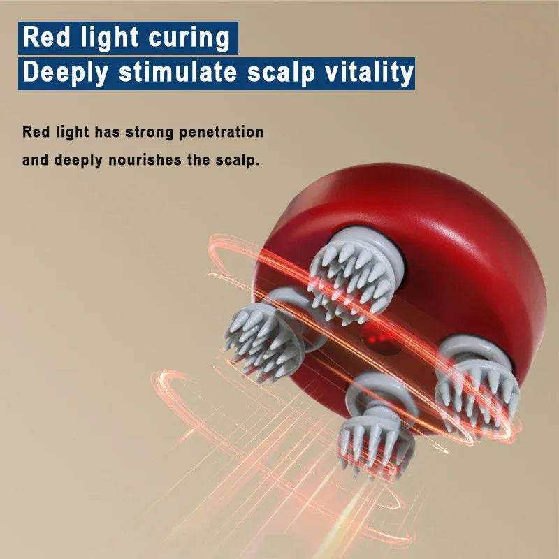 Red light scalp massager with text on scalp vitality and red light penetration.