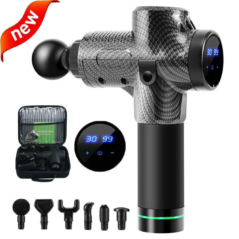 Grey High Frequency Massage Gun with LCD display, six massage heads, and a carrying case on a white background.