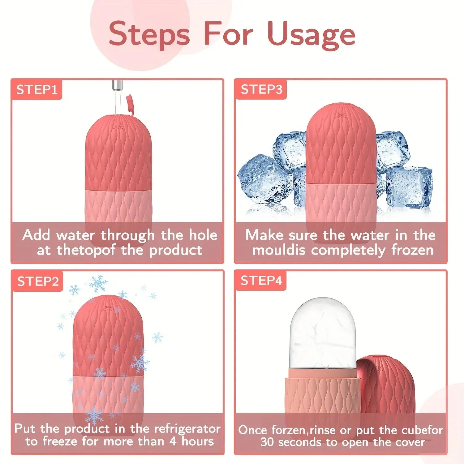 Step-by-step guide on using a pink silicone ice cube tray with text instructions.