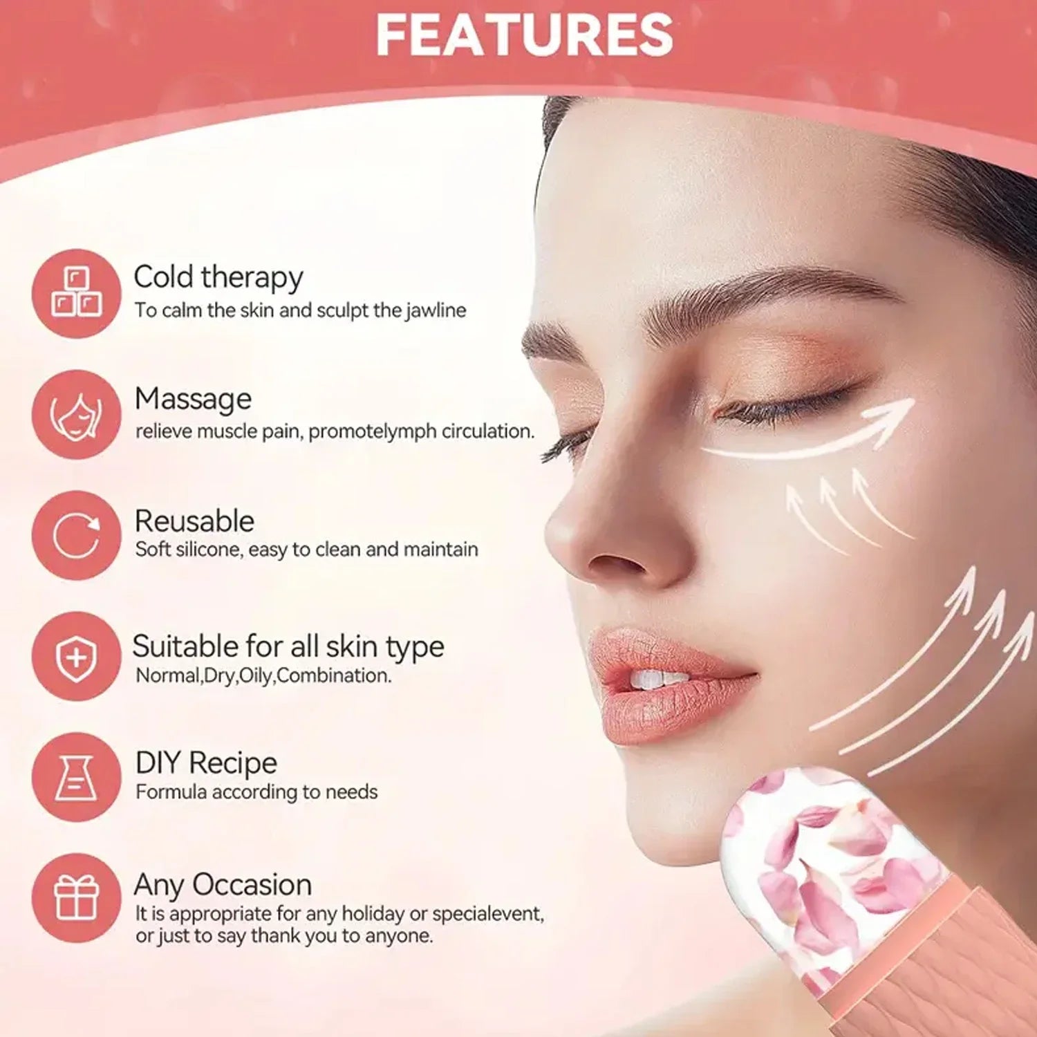 Product feature card with a woman's face and text about cold therapy, massage, and other benefits on a pink background.