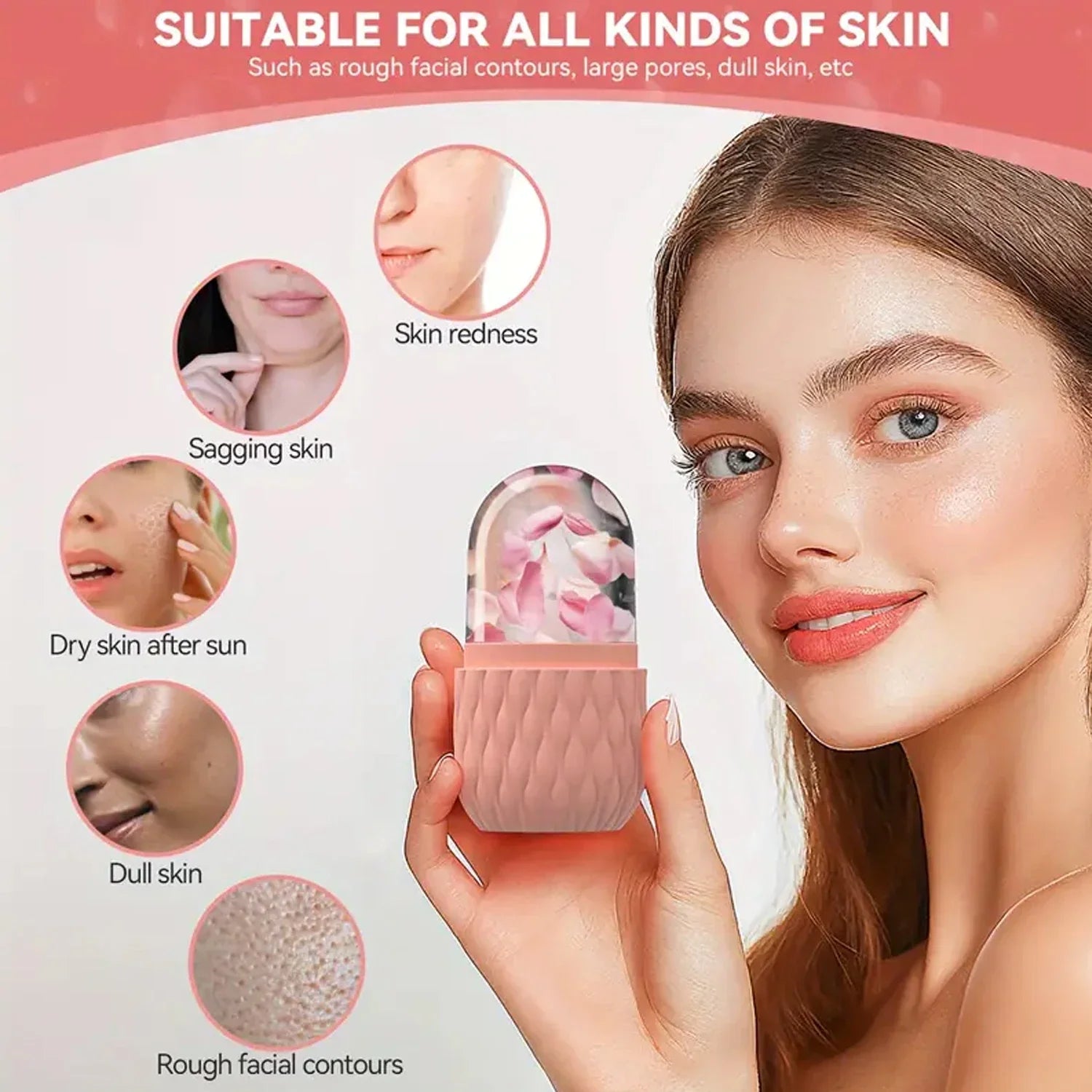 Woman holding a skincare product with skin conditions it addresses on a pink background