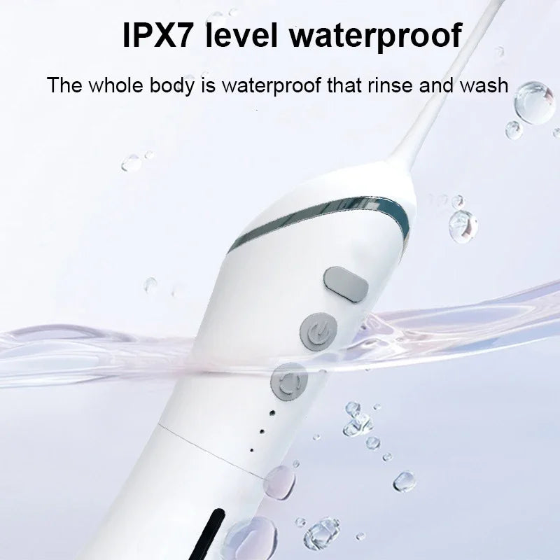 White electronic device with water splashes and text indicating IPX7 level waterproofing on a light gray background.