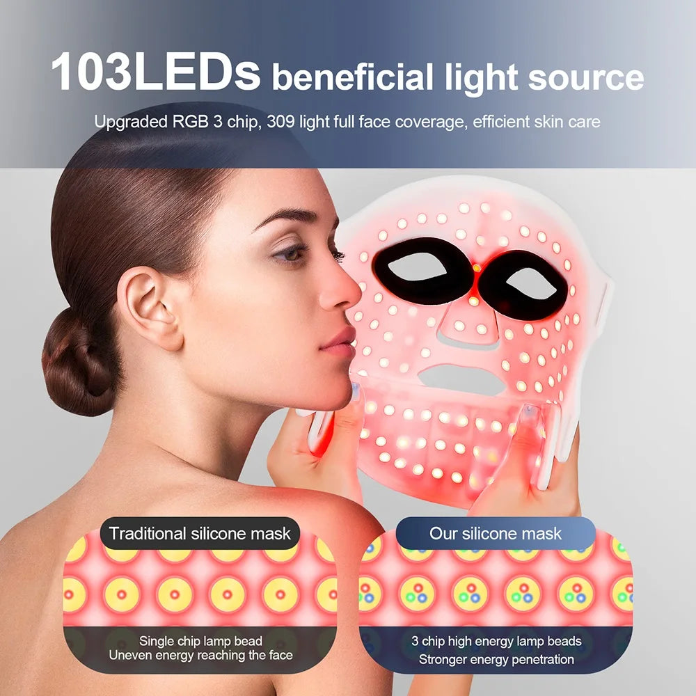 Woman holding a LED face mask with text about its features and benefits.