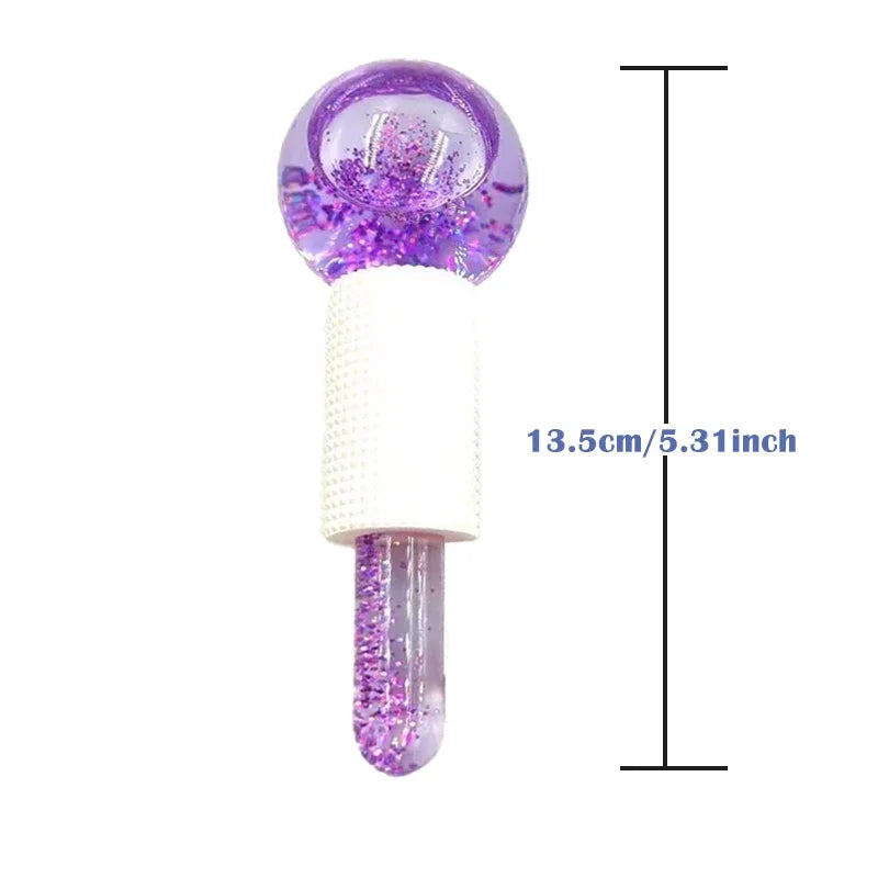 Decorative item with a purple glittery sphere and white base, shown with measurements on a white background.