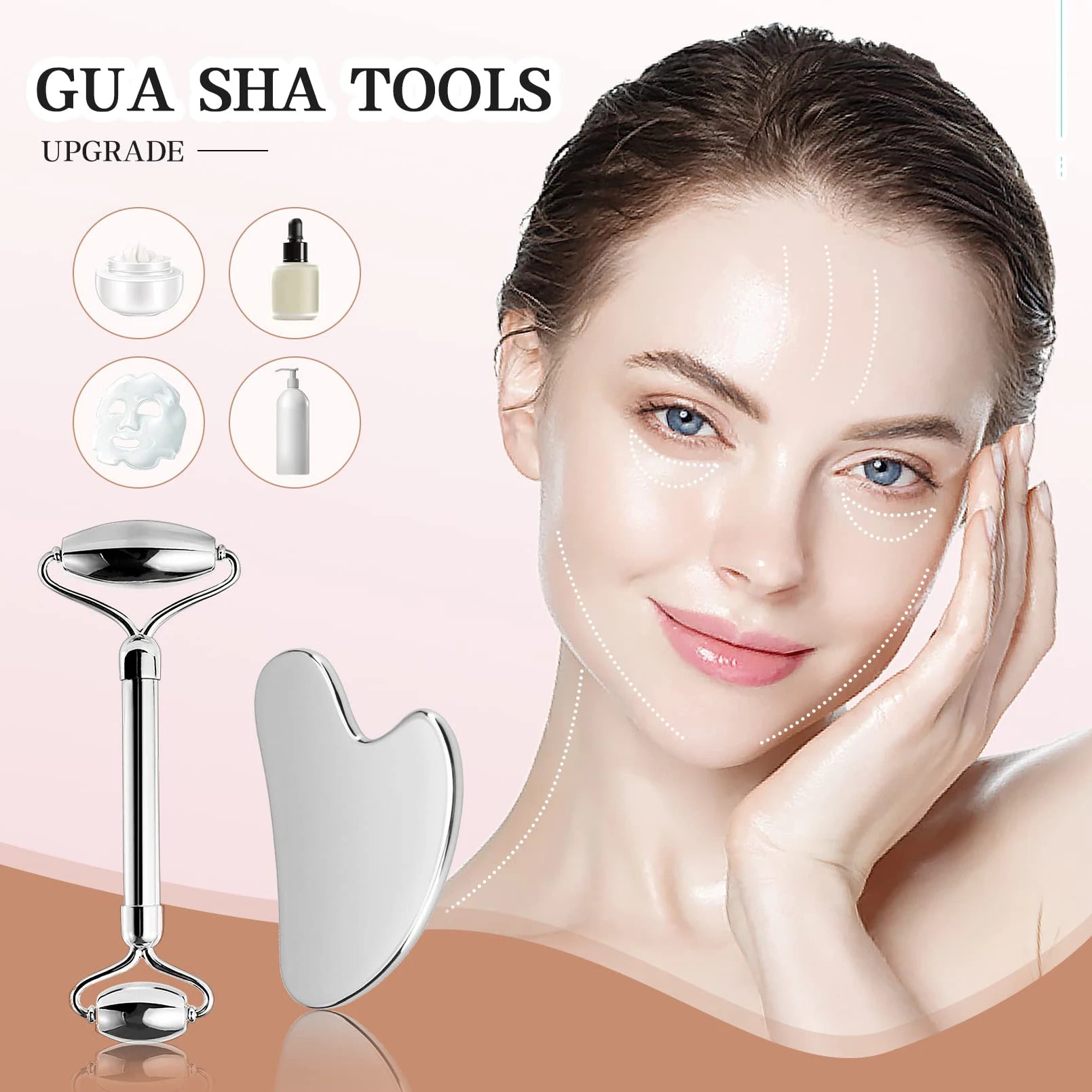 Gua sha tools with a woman applying them to her face on a pink background