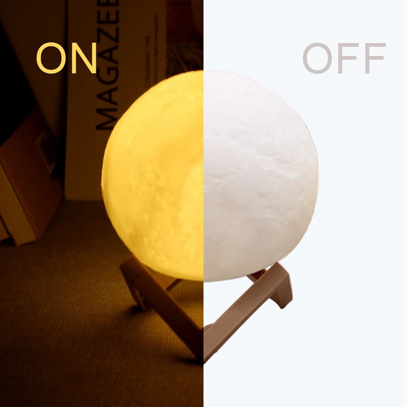 Moon lamp showing 'ON' and 'OFF' states with a magazine in the background.