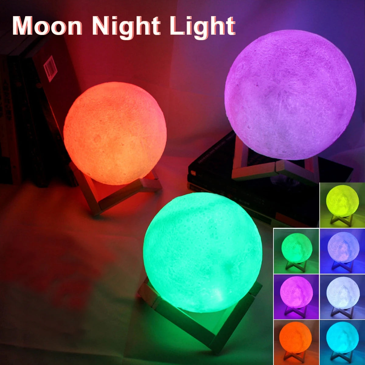 Three moon-shaped night lights in red, green, and purple with a color swatch on a stand.