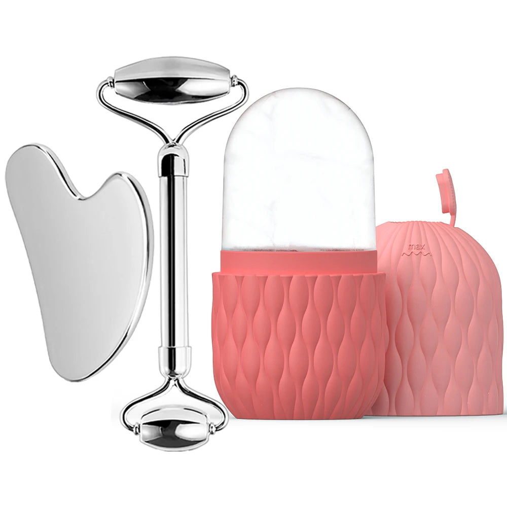 Beauty tool set with a roller, gua sha tool, and pink case on a white background