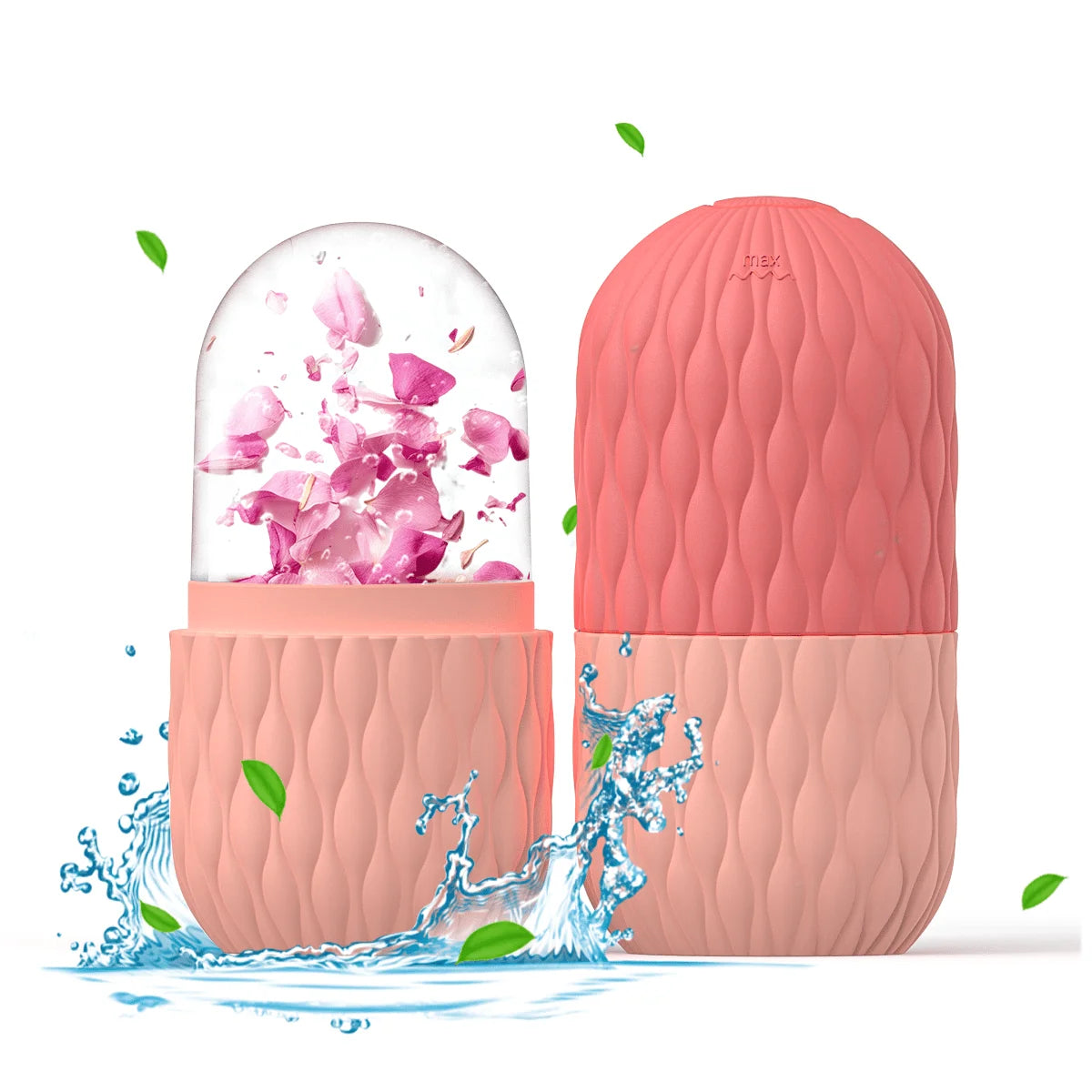 Pink cosmetic container with floral design on a white background