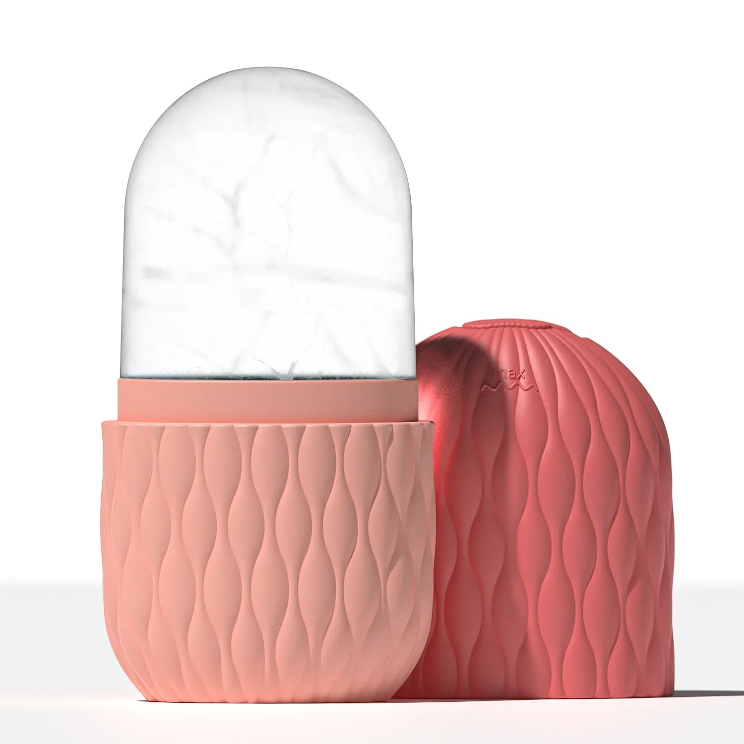 Pink textured container with a clear dome lid on a white background