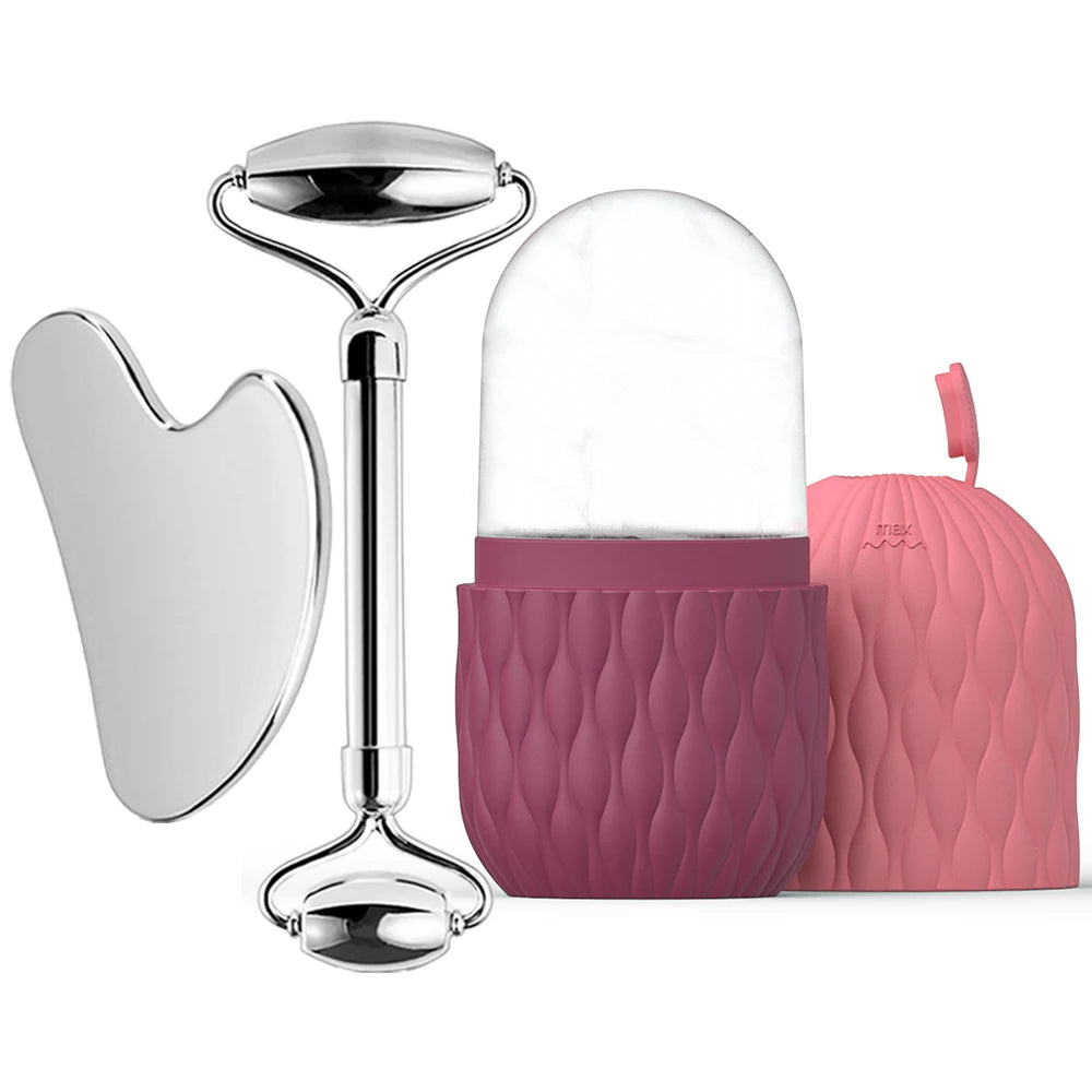 Facial roller with pink case and pink heart-shaped tool on a white background