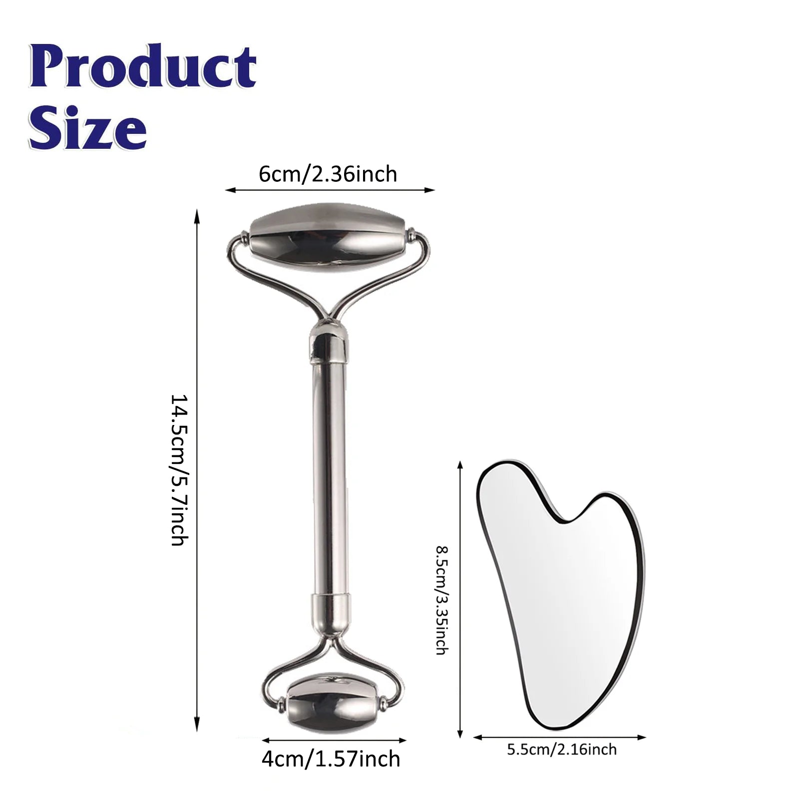 Measurement chart of a facial roller and gua sha tool on a white background