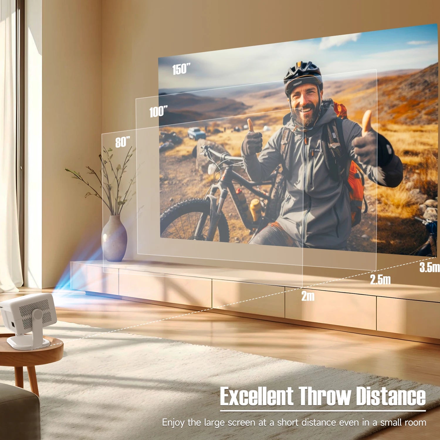 Living room with a projector displaying an image of a person on a bike, emphasizing the excellent throw distance.