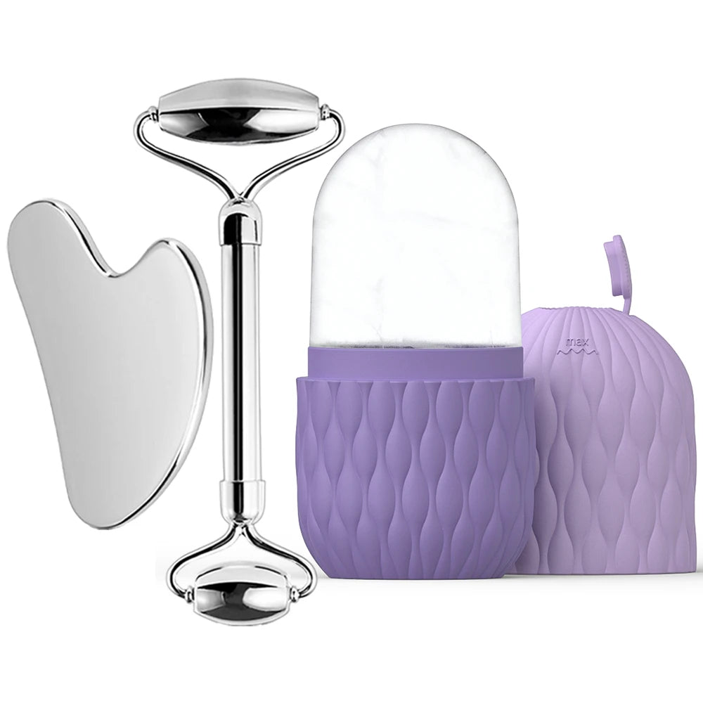 Beauty tool set with a roller, gua sha tool, and purple case on a white background