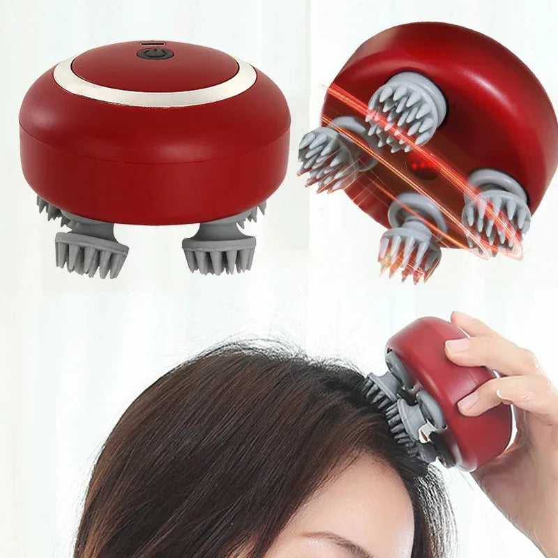 Red and gray scalp massager with close-up details and a person using it on their head.