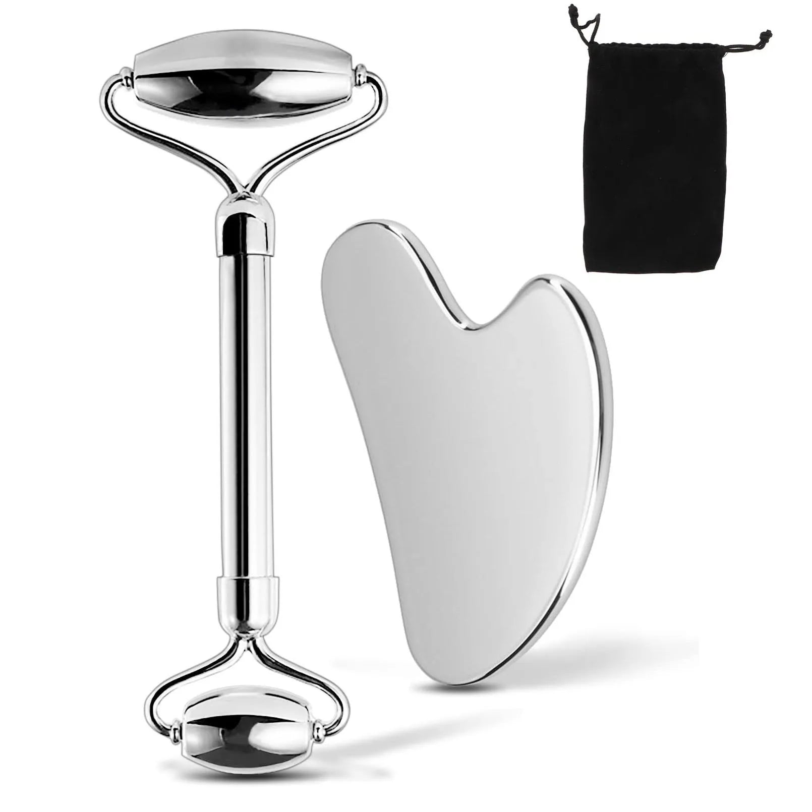 Silver facial roller and gua sha tool with a black pouch on a white background