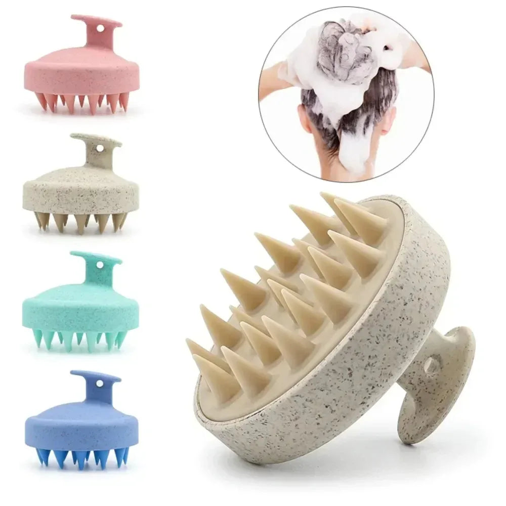 Four Silicone Shampoo Brushes in pink, beige, teal, and blue, with an inset image of a person using the brush in the shower.